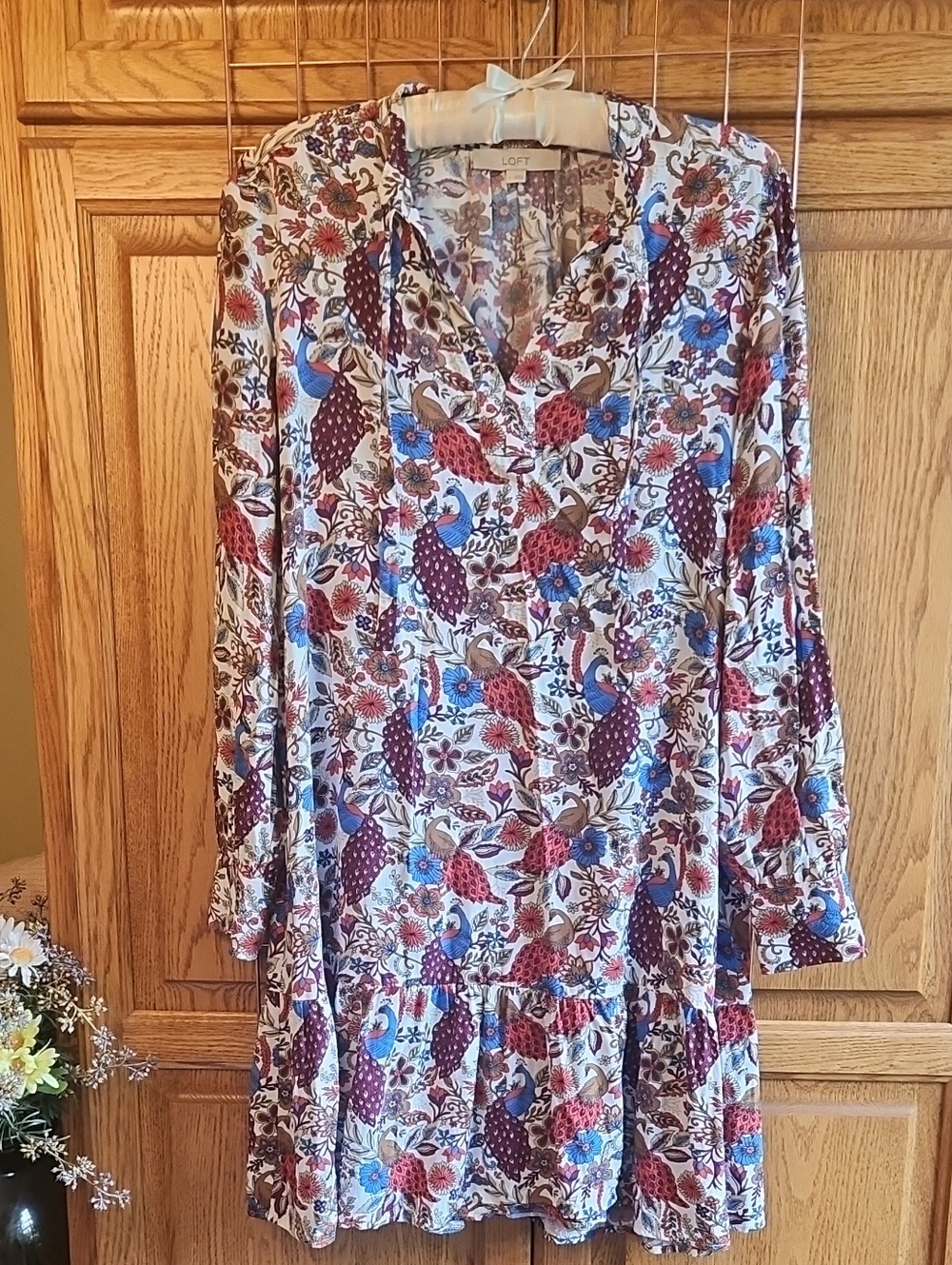 Loft Floral Long-Sleeve Tiered Dress in Multi-Color, Size L